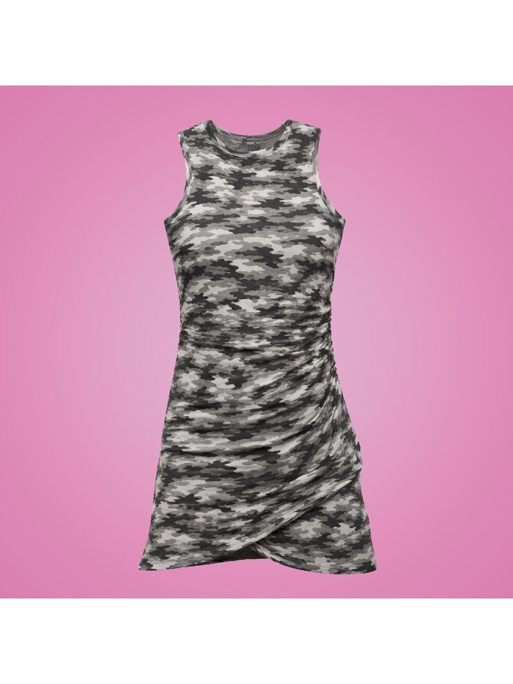 Ladies Shades Of Gray Camo Sleeveless Soft Dress Wrapped and Ruched Size Small